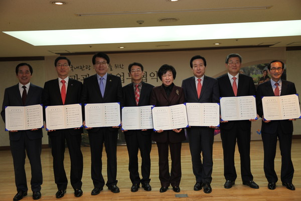 ▲ 청송·청도·고령·합천·강진군·제천·목포, 대구 중구,  ‘국내관광 선도 도시 간 관광교류 업무협약’ 체결했다.ⓒ청송군 제공