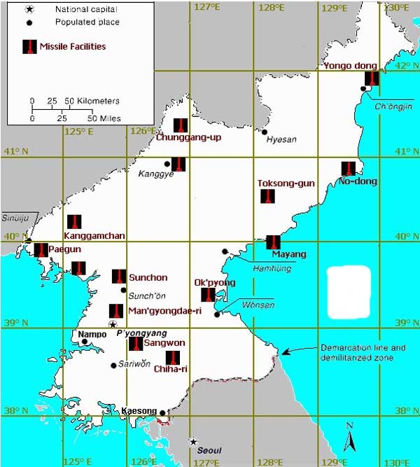 ▲ 북한 전역의 미사일 기지/FAS