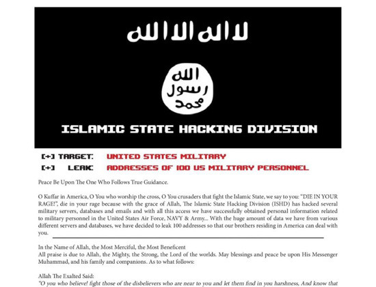 테러조직 ISIS의 하부 조직을 자처하는 ISHD(이슬람 국가 해킹분과)의 트위터. ⓒ美매체 '더 블레이즈' 보도화면 캡쳐