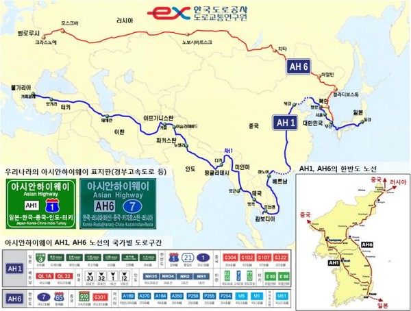 ▲ 아시안하이웨이 중 한반도 통과하는 AH1, AH6호선ⓒ한국도로공사 제공