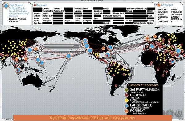▲ 전 세계를 아우르는 NSA 정보망. 자세한 내용은 Top Secret으로 분류되고 있다.