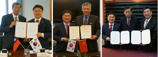 ▲ 왼쪽부터 남경대학, 불광대학, 중국문화대학 총장과 협정을 체결하는 권순기 총장