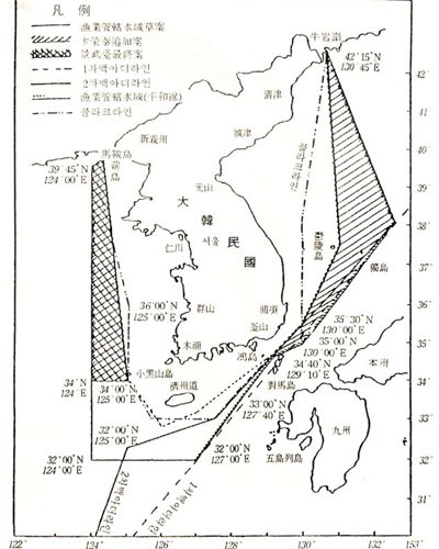 ▲ 1952년 1월 이승만 대통령이 대통령령으로 공표한 '평화선'. 여기에는 독도는 물론 대마도 앞바다까지 한국의 '배타적 수역'으로 돼 있다. ⓒ독도센터 홈페이지 캡쳐