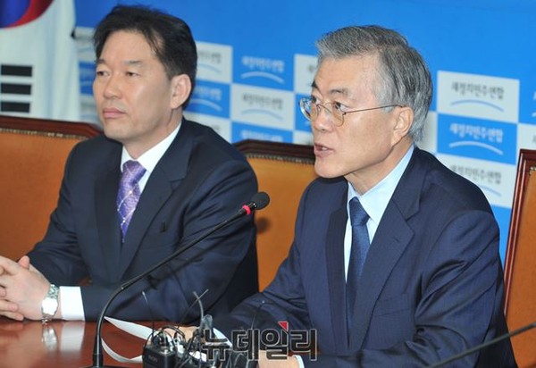 ▲ 새정치민주연합 문재인 대표와 서울 관악을 보궐선거에 출마한 정태호 후보. ⓒ뉴데일리 이종현 기자