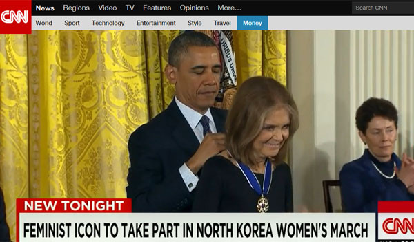 ▲ 'Women Cross DMZ'에 참여하는 글로리아 슈타이넘이라는 여성은 버락 오바마 대통령으로부터 훈장을 받기도 했던, 미국 대 대표적인 페미니스트다. ⓒ美CNN 관련보도 캡쳐