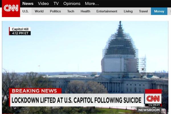 ▲ 11일 오후 1시(현지시간) 워싱턴 국회의사당 빌딩 서쪽 출입구에서 한 남성이 자살했다. ⓒCNN 관련보도화면 캡쳐