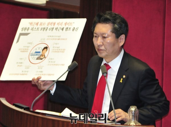 ▲ 새정치민주연합 정청래(서울 마포을) 의원이 13일 국회 본회의에서 진행된 정치분야 대정부질문에서 '성완종 사태'와 관련 질의하고 있다.ⓒ뉴데일리 이종현 기자