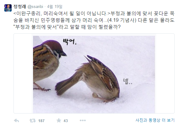 ▲ '당 대포' 정청래 최고위원이 참새 사진을 통해 이완구 총리의 사과를 비꼬고 있는 포스팅. ⓒ정청래 최고위원 트위터