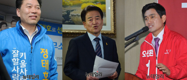 ▲ 4·29 서울 관악을 보궐선거에 나선 새누리당 오신환(오른쪽), 새정치민주연합 정태호(왼쪽), 국민모임 정동영 후보(가운데)가 21일 TV토론회 녹화를 진행했다. 토론회는 현대HCN 관악방송을 통해 22일 21시에 방송된다. ⓒ뉴데일리 정상윤·정재훈·이종현 기자