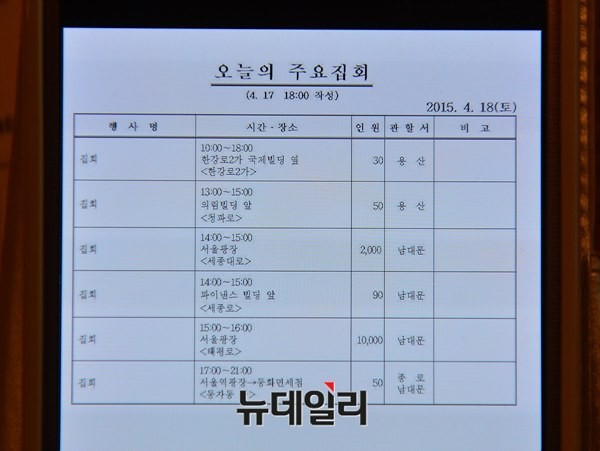 ▲ 전의경 부모모임 측이 제공한 지난 18일 서울시내 집회신고. 광화문 행진은 불법임을 보여주는 증거다. ⓒ정상윤 뉴데일리 기자