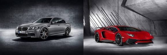 ▲ 2015 서울모터쇼에서 제일 빠른 차로 선정된 BMW의 'BMW M5 30주년 에디션'(왼쪽)과 2015 상하이모터쇼 전시 차량 중 제일 빠른 차인 람보르기니의 '아벤타도르 LP 750-4 슈퍼벨로체'(오른쪽) ⓒBMW코리아, 람보르기니서울