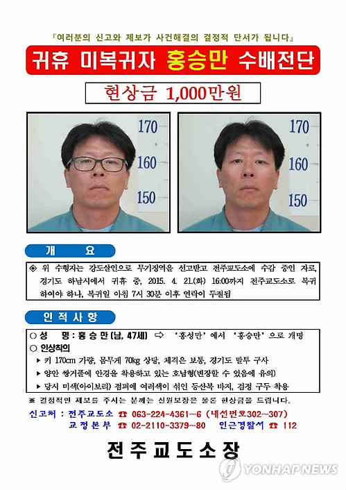▲ 귀휴 미복귀자 홍승만 수배전단.ⓒ연합뉴스