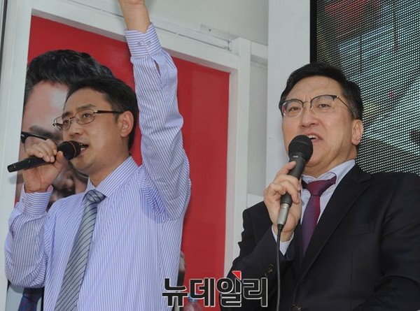 ▲ 황장수 미래경영연구소장이 26일 무소속 변희재 후보의 지원 유세를 하고 있다. ⓒ뉴데일리 정재훈 기자