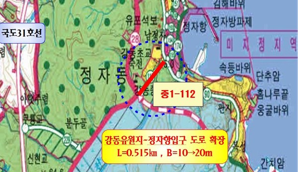 ▲ 북구 강동동주민센터 앞 일원인 구(舊) 강동중학교에서 강동파출소 간 미확장 도로 구간 확장사업 시행위치도 =ⓒ뉴데일리
