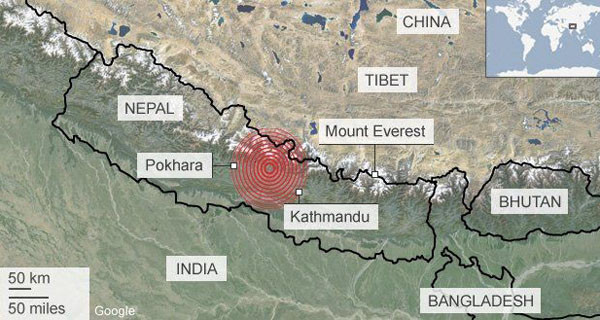 ▲ 네팔 대지진의 진앙지 위치. 이번 지진으로 중국, 티벳에서도 100명 이상의 사상자가 발생했다. ⓒ英BBC 보도화면 캡쳐