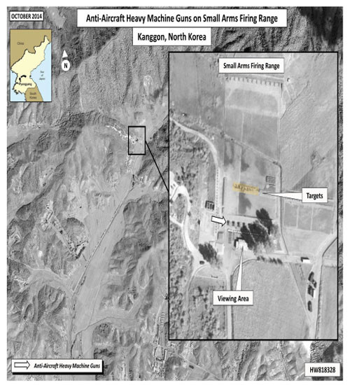 ▲ 민간 위성으로 찍은, 2014년 10월 7일 강건군사학교 훈련장 사진. '타겟(Targets)'이라고 표시돼 있는 것이 사람이다. ⓒ美북한인권위원회와 ASA가 배포한 자료 가운데 사진 캡쳐