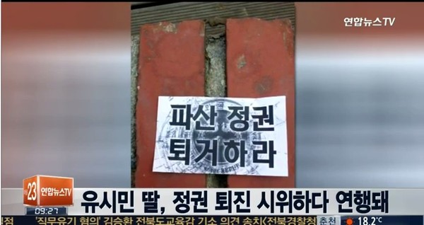 ▲ 유시민 전 통합진보당 대표의 딸, 유수진씨가 28일 오전 서울 종로구 총리공관 앞에서 정권 퇴진을 요구하는 기습시위를 벌이다가 현행범으로 체포된 뒤 풀려났다. 유수진씨 등 시위대가 총리공관 출입문에 붙인 반정부 전단지. ⓒ 연합뉴스TV 화면 캡처