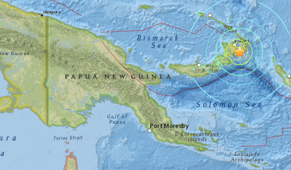 ▲ 2014년부터 2015년 현재까지 태평양 파푸아 뉴기니 인근에서는 지진이 빈발하고 있다. ⓒ파푸아 뉴기니 인근 지진 발생 당시 진앙지 지도. USGS(美지질조사국) 화면캡쳐