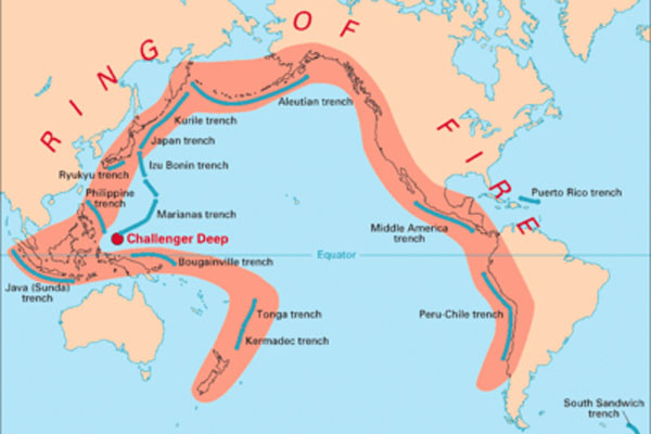 ▲ 환태평양 조산대를 표시한 지도. 화산과 지진 활동이 빈발해 '불의 고리(Ring of Fire)'라고도 불린다. ⓒ위키피디아 공개사진