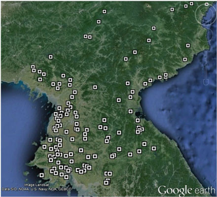 ▲ 美존스홉킨스大 한미연구소가 분석한, 북한의 가뭄 피해지역. ⓒ구글어스-RFA 보도화면