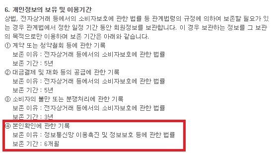 ▲ 문제가 된 간편결제 회사의 개인정보취급방침. 보인확인을 위한 기록은 6개월 동안 보관된다고 명시됐다. 하지만 해당업체에서는 주민등록번호는 저장하지 않는다고 해명했다.