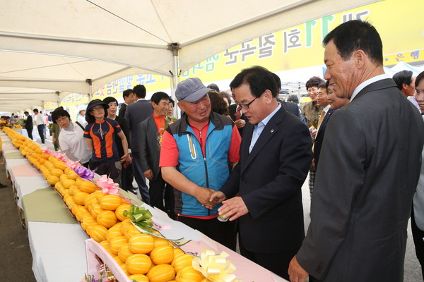 ▲ 참외품평회에 참석한 백선기 군수가 대회장을 둘러보고 있다.ⓒ칠곡군 제공