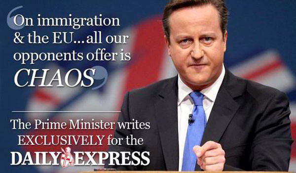 ▲ 과거 데이비드 캐머런 英총리가 '데일리 익스프레스'에 기고한 불법체류자 추방 관련 글의 선전 이미지. ⓒ英데일리 익스프레스 화면캡쳐
