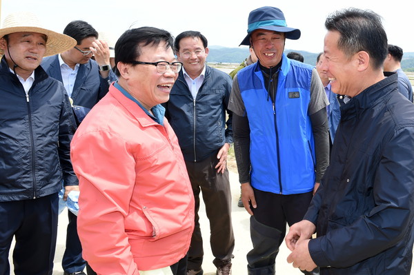 ▲ 경주시 안강 육통들 모심기 현장을 방문한 이동필 농림축산식품부 장관이 농민들과 인사를 나누고 있다. ⓒ경주시 제공