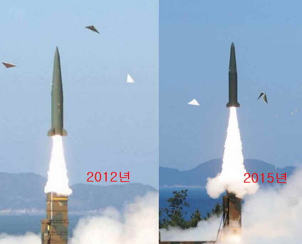 ▲ 2012년 현무II(좌측)와 이번에 공개된 신형 현무 탄도 미사일.(사진=국방부)ⓒ뉴데일리
