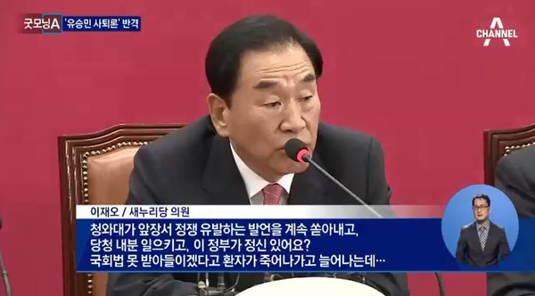 ▲ 3일 새누리당 이재오 의원이 유승민 원내대표를 두둔하며 청와대를 비난하고 있는 모습. ⓒ채널A 방송화면