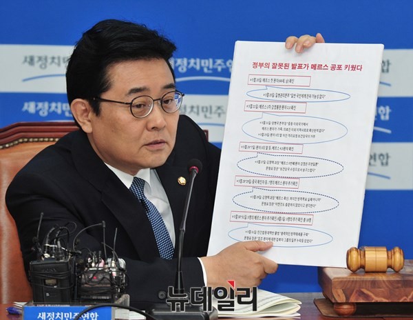 ▲ 새정치민주연합 전병헌 최고위원이 최고위원회의 모두발언을 통해 정부의 잘못된 메르스 초기 대응을 조목조목 지적하고 있다. ⓒ뉴데일리 이종현 기자