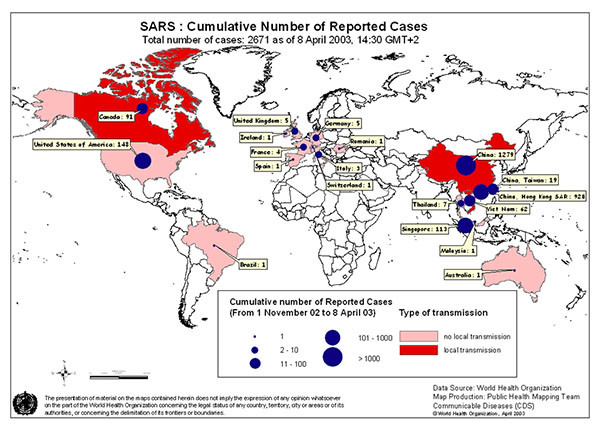 ▲ 2003년 4월 세계보건기구(WHO)가 작성한 SARS 확산 지도. SARS는 이후 전 세계로 퍼진다. ⓒWHO-텍사스 주립대 도서관