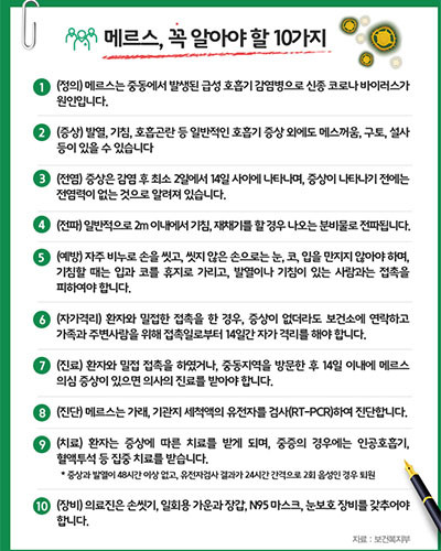 ▲ 보건복지부가 대한감염학회 등 7개 의료협회와 함께 발표한 '메르스, 꼭 알아야 할 10가지'. ⓒ보건복지부