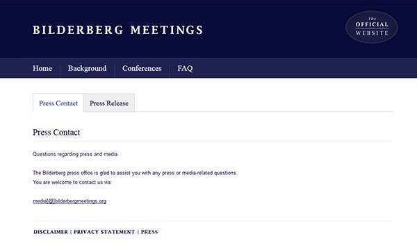 ▲ 빌더버그 그룹에 대해 더 많이 알고 싶은 언론이라면 직접 연락해 보는 것도 방법이다. ⓒ빌더버그 미팅 홈페이지 캡쳐