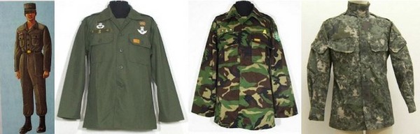 ▲ 군복 변천사 (좌로부터)▶ 창군이후부터 1965년까지 군복 ▶1990년까지 착용된 국방색 군복 ▶2010년까지 착용된 얼룩무늬 군복 ▶2011년부터 현재까지 디지털 패턴 군복.ⓒ국방부