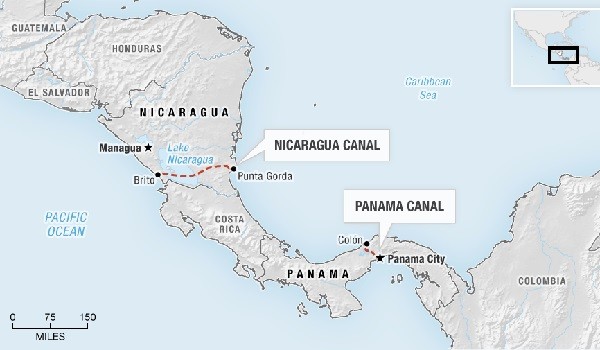 ▲ 中IT 사업가 '왕징'이 건설 중인 '니카라과 운하'의 지도. 파나마 운하보다 길이와 폭이 몇 배나 된다. ⓒ美공영라디오 NPR 보도화면 캡쳐