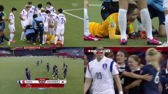 ▲ 자신의 마지막 월드컵에 최선을 다하는 김정미골키퍼( 노란색 유니폼)ⓒ방송캡쳐