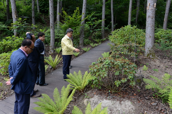 ▲ 박노욱 군수가 2016년 개원을 앞두고 있는 국립백두대간수목원 추진상황 등을 점검하고 있다.ⓒ봉화군 제공