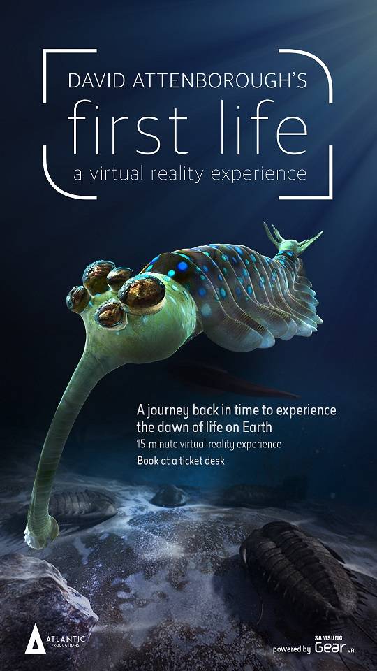 ▲ 사진은 갤럭시 S6와 기어 VR를 통해 540만 년 전 지구 최초의 해양 생태계를 체험하는 '데이비드 아텐보로의 최초의 생명(David Attenborough’s First Life)' 프로그램 포스터. ⓒ삼성전자