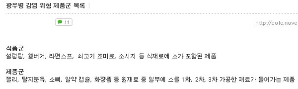 ▲ 2009년 광우병 파동 당시, 인터넷에 올라온 광우병 위험 식품 목록. ⓒ 블로그 화면 캡처