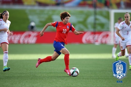 ▲ 프랑스와의 16강전에서 지소연이 안보였다.사진은 2015여자월드컵 스페인과의 예선 마지막 경기ⓒ대한축구협회제공