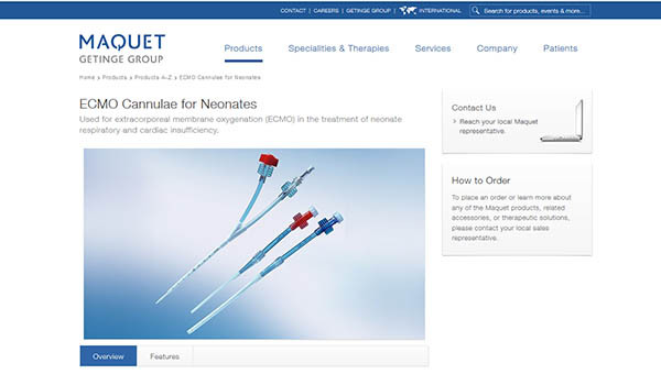 ▲ 스웨덴 브랜드인 'MAQUET'의 '에크모(ECMO)'가 국내에서 가장 많이 쓰이고 있다. ⓒ스웨덴 Getinge Group의 Maquet 브랜드 홈페이지 캡쳐