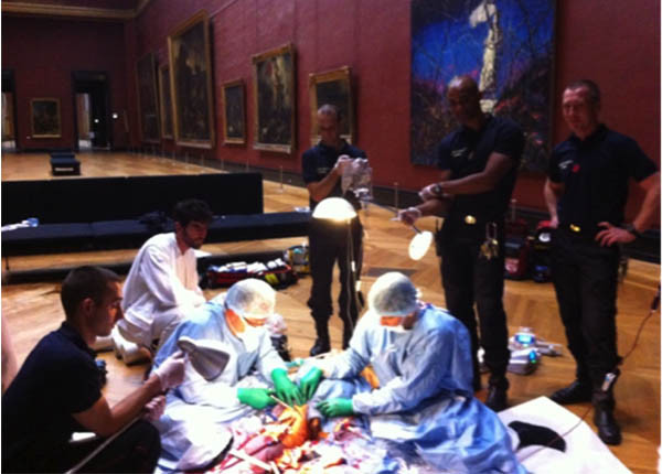 ▲ 프랑스 루부르 박물관에서 이동식 '에크모(ECMO)'로 심정지 환자를 살리는 응급구조요원(EMT)들. ⓒ에크모 ORG 화면 캡쳐