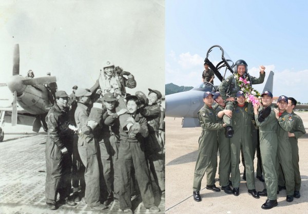 ▲ (좌)김두만 前총장이 1952년 1월 11일, 한국 공군 최초로 100회 출격 기록을 수립해 동료 조종사 및 정비사들에게 축하받고 있는 모습. (우) 6월 23일(화), FA-50 비행을 마친 김두만 前총장을 축하하기 위해 제8전투비행단 103전투비행대대 조종사들이 무등을 태워 100회 출격 당시 축하받는 모습을 재현하고 있다.ⓒ공군
