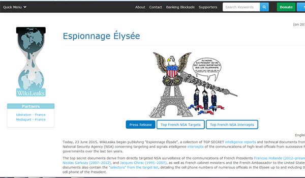 ▲ 위키리크스는 23일(현지시간) 美정보기관 NSA가 프랑스 전현직 대통령 3명을 감청했다는 사실을 폭로했다. ⓒ위키리크스 프랑스판 홈페이지 캡쳐