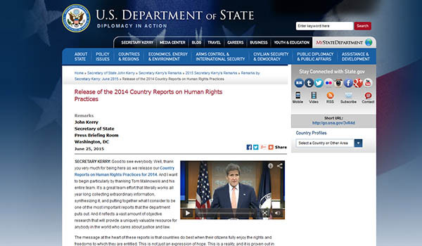 ▲ 美국무부는 25일(현지시간), '2014 국가별 인권보고서'를 발표했다. 이 자리에 나온 존 케리 국무장관은 북한의 인권상황이 세계 최악이라고 밝혔다. ⓒ美국무부 홈페이지 캡쳐