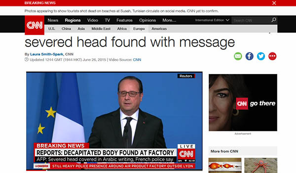 ▲ 프랑스 리옹의 한 가스공장에서 이슬람 극단주의자들의 소행으로 보이는 테러가 일어났다. 벨기에에 가 있던 올랑드 프랑스 대통령은 긴급 담화를 발표했다. ⓒCNN 속보창 캡쳐