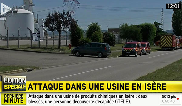 프랑스 남동부 도시 리옹에서 30km 떨어진 곳에 있는 가스 공장에서 테러가 발생했다. ⓒ프랑스 I-TV 속보화면 캡쳐