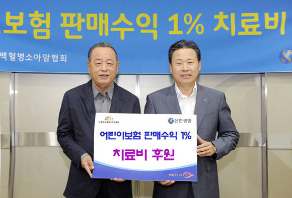 ▲ 전달식에 참여한 이중명 한국백혈병소아암협회장(왼쪽)과 이성락 신한생명 사장.ⓒ신한생명 제공