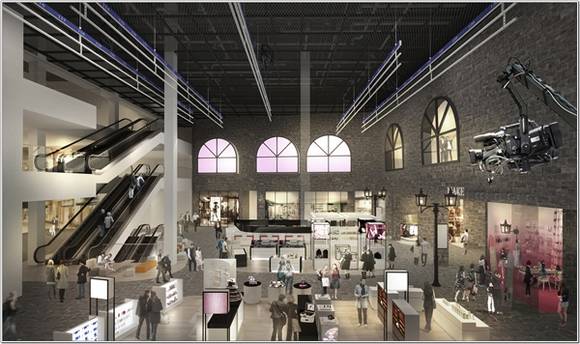 ▲ 방송 스튜디오 콘셉트로 구성된 16m 층고의 면세점 공간 조감도. ⓒ유진기업